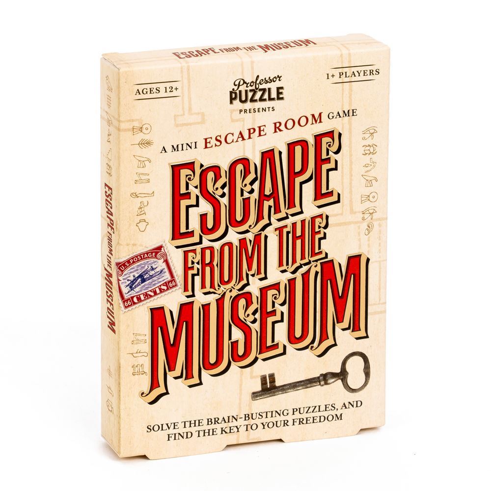Escape from the Museum game box featuring intricate puzzle elements and a thrilling escape room theme for ages 12+.