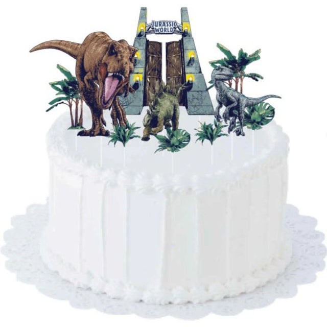 Jurassic-themed cake topper kit with 10 pieces in various sizes for a fun dinosaur-themed celebration.