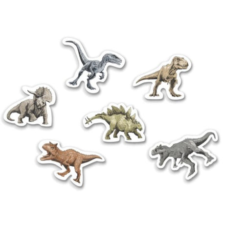 Set of 6 dinosaur-shaped erasers, vibrant designs perfect for young explorers and classroom use.