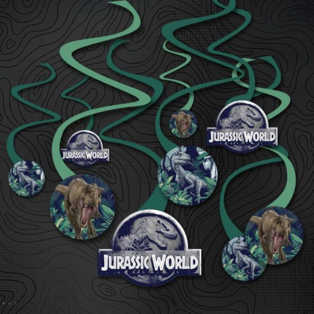 Set of 12 colorful spiral swirls featuring dinosaur designs for a fun Jurassic-themed party decor.