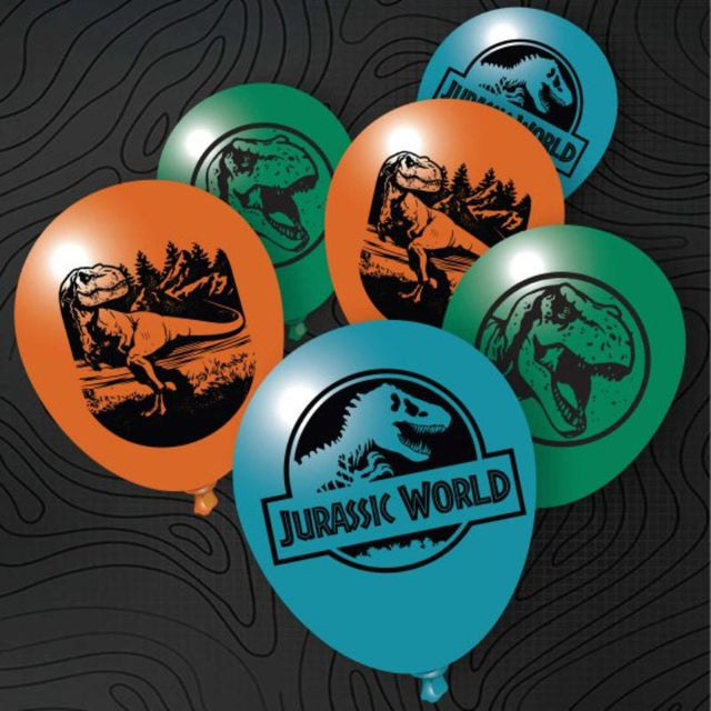 Set of 5 vibrant 30cm Jurassic-themed latex balloons perfect for dino birthday parties and outdoor celebrations.