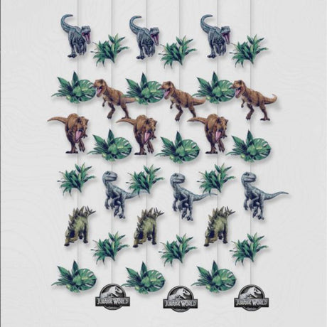 Vibrant set of 6 Jurassic-themed hanging decorations featuring colorful dinosaurs, perfect for parties and events.