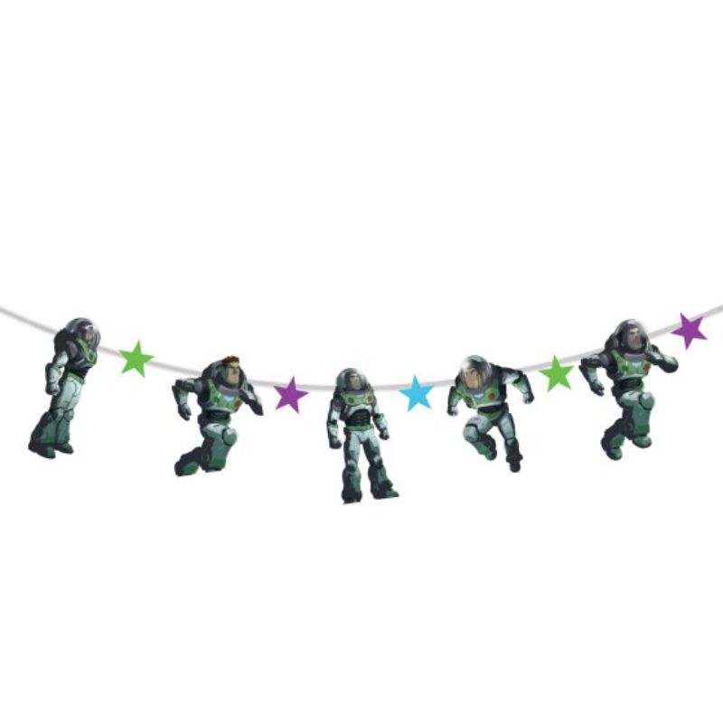 Buzz Lightyear Garland Banner, 2.8m cardboard decoration for birthday parties and toy-themed events featuring vibrant Space Ranger design.