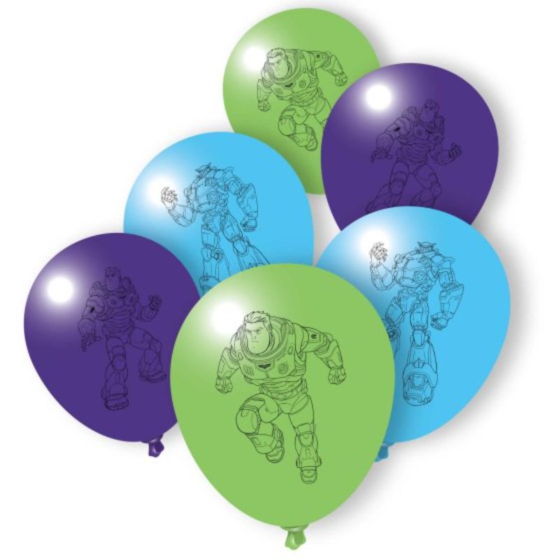 Set of 6 vibrant Buzz Lightyear latex balloons, perfect for space-themed parties and birthdays, durable and iconic designs.