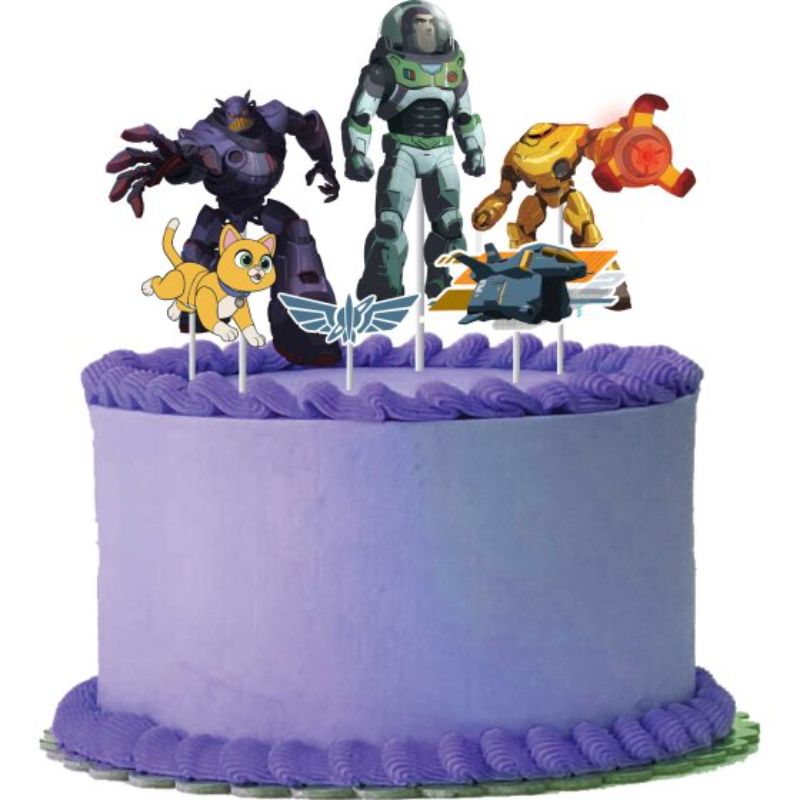 Buzz Lightyear Cake Topper Kit featuring 6 colorful, durable decorations for a fun space-themed birthday party.