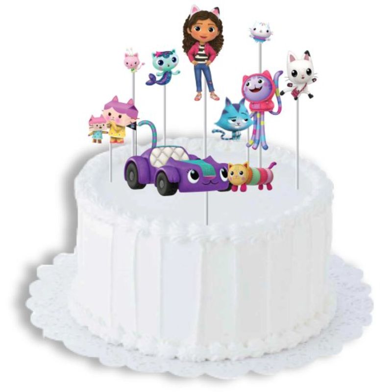 Set of 8 colorful Gabby's Dollhouse cake toppers featuring beloved characters, perfect for themed birthday celebrations.