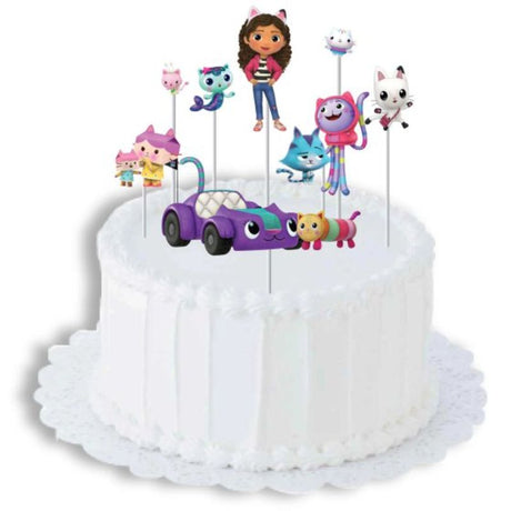 Set of 8 colorful Gabby's Dollhouse cake toppers featuring beloved characters, perfect for themed birthday celebrations.