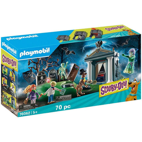 Playmobil Scooby-Doo cemetery set with figures, glowing skeleton, and mystery-solving accessories for kids aged 5 and up.