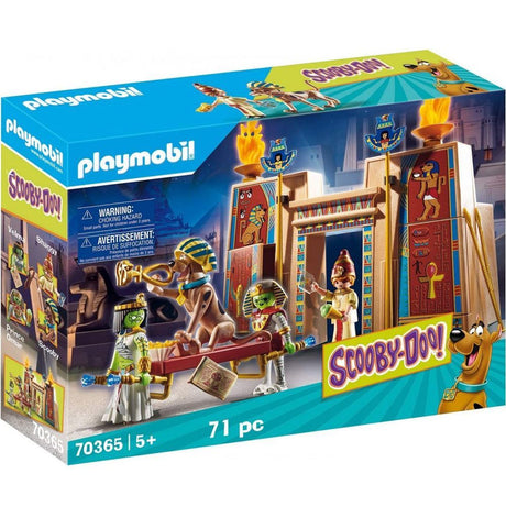 Playmobil Scooby-Doo Adventure set with characters in Egyptian attire exploring a pharaoh's tomb with secrets and treasures.