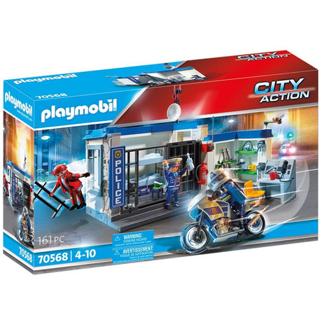 Playmobil Prison Escape playset with police figures, prison cell, motorcycle, and espresso machine for imaginative police adventures.