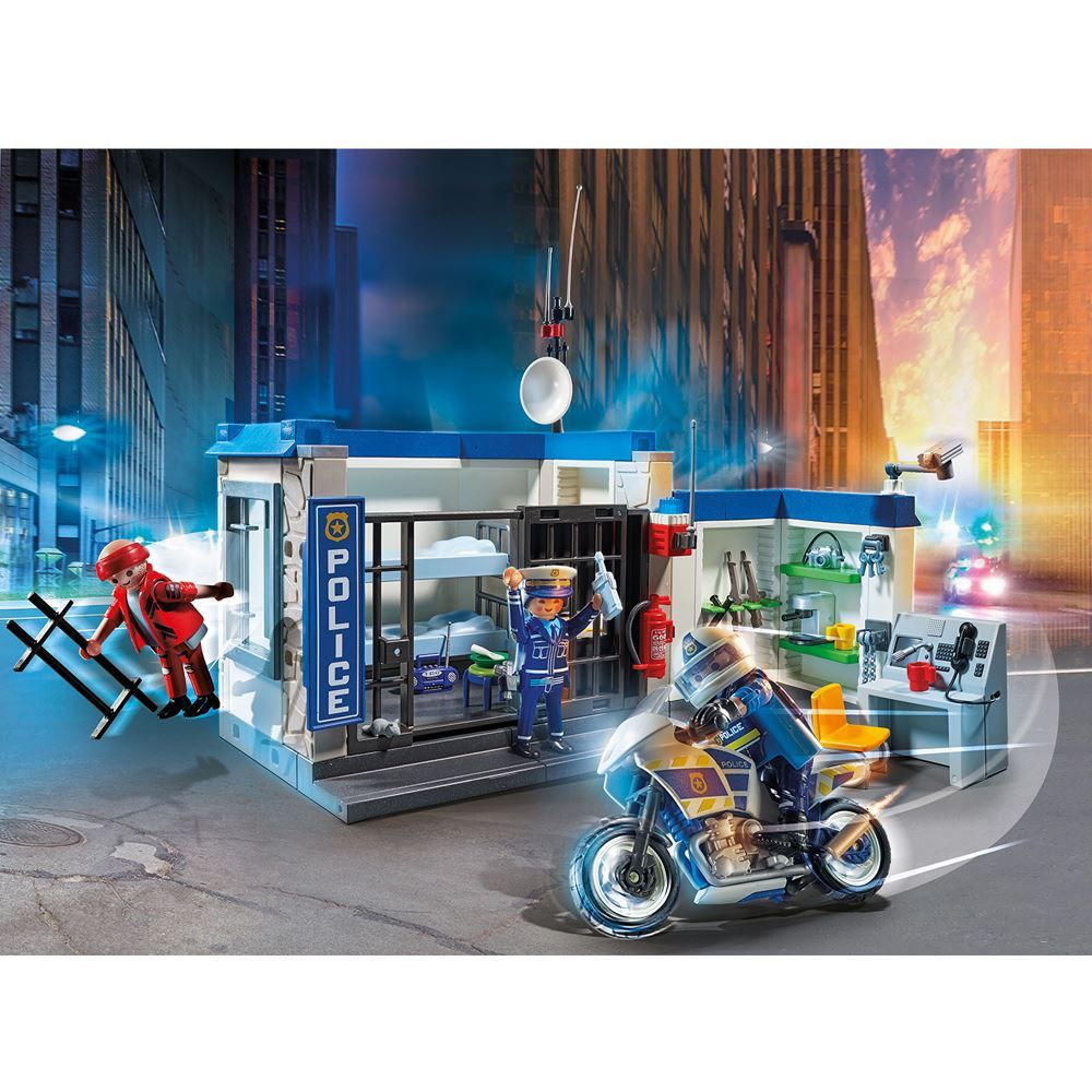 Playmobil Prison Escape playset featuring police figures, prison cell, motorcycle, and accessories for thrilling adventures.