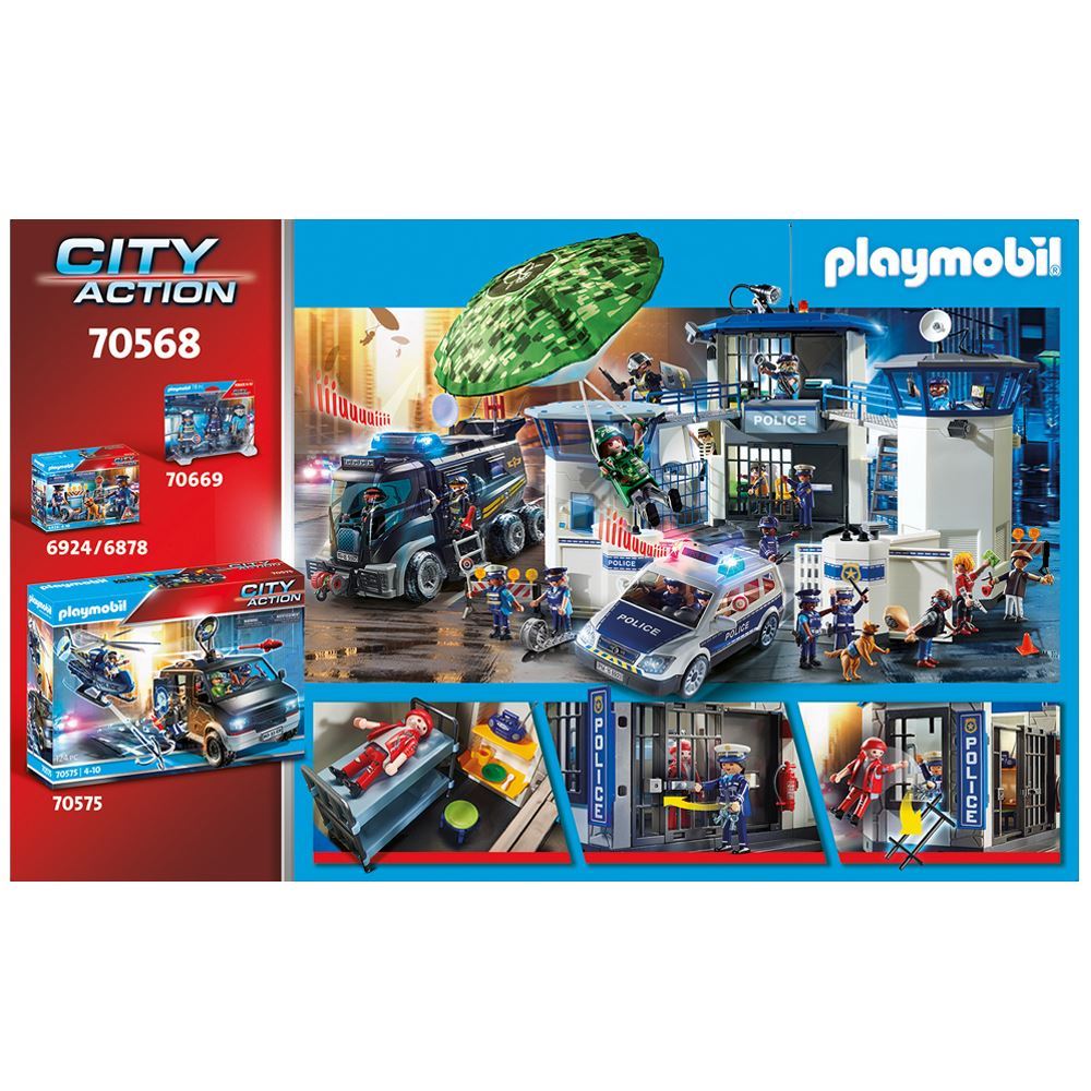Playmobil Prison Escape set featuring police figures, police station, motorcycle, and a prisoner escaping through a window.
