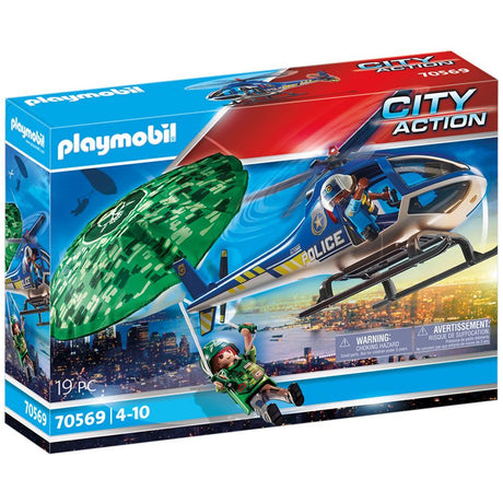 Playmobil Parachute Search set with police helicopter, parachute, and figures for imaginative aerial chases and adventures.