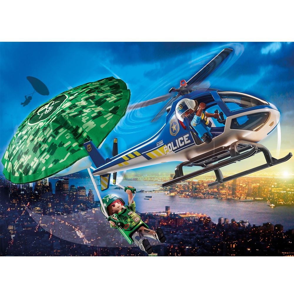 Playmobil Parachute Search set featuring a police helicopter and figures in a thrilling sky chase with a parachute.