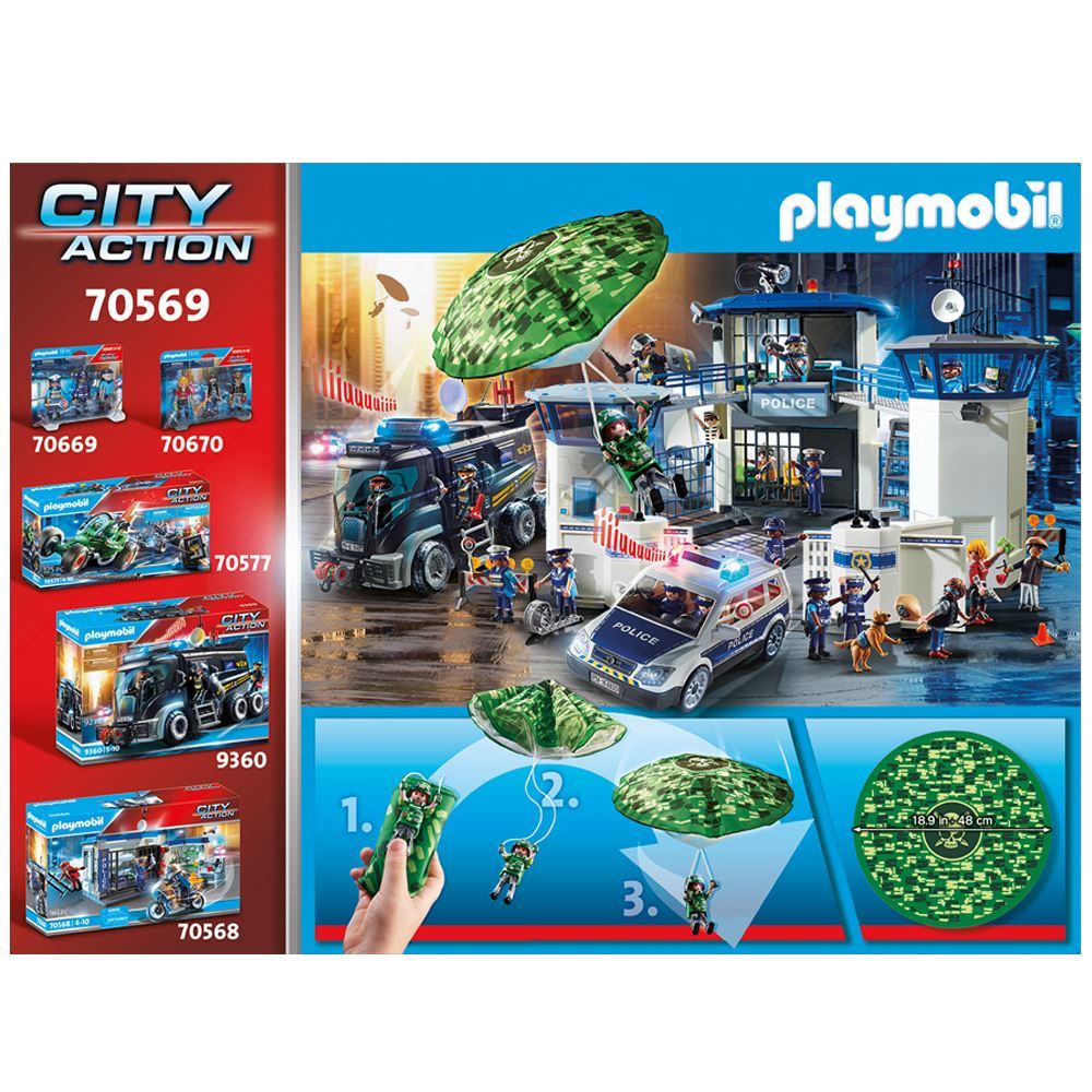 Playmobil Parachute Search set featuring a police helicopter, parachute, policeman, and criminal figures for imaginative chases.