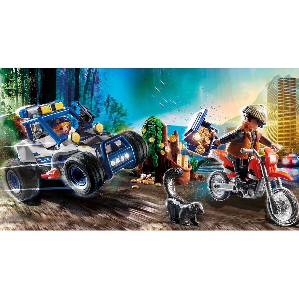 Playmobil Off-road Car with Jewel Thief playset featuring police officer, thief on motocross bike, and accessories for action-packed adventures.