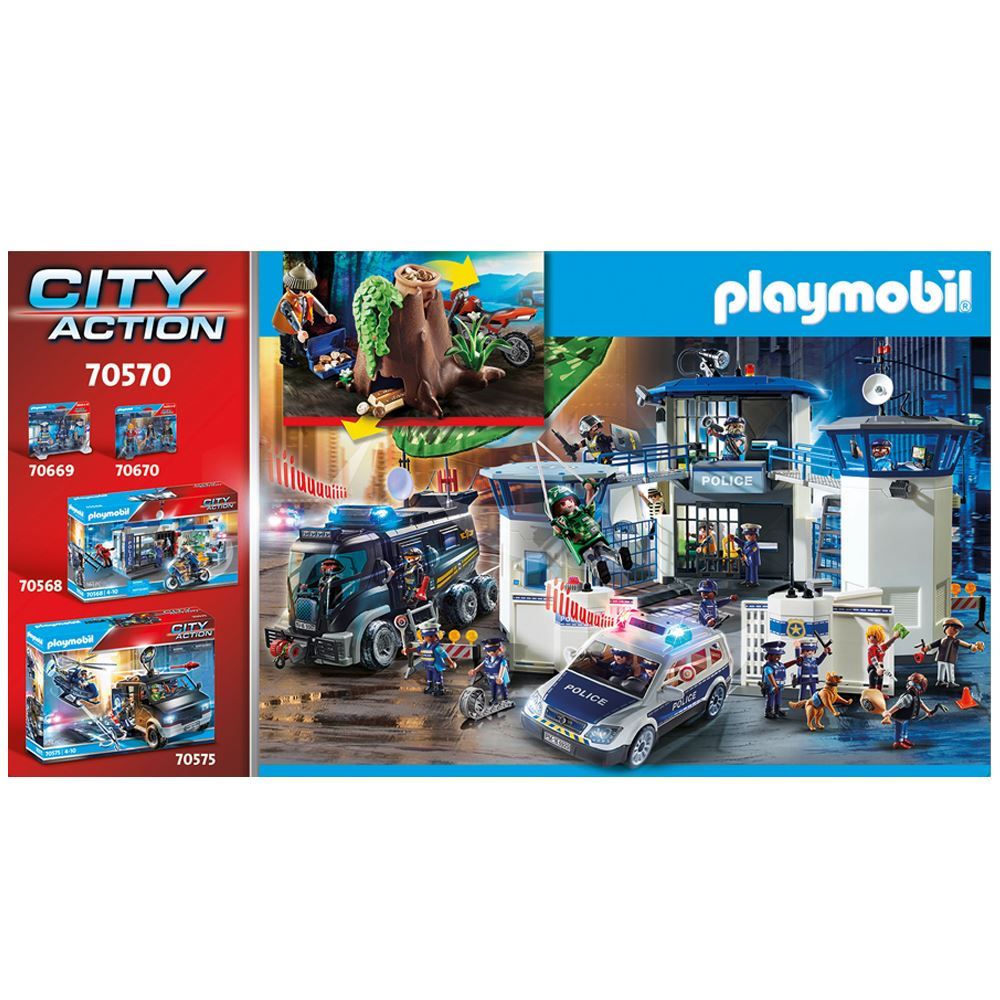 Playmobil off-road car set featuring a police officer chasing a jewel thief on a motocross bike amidst a wooded landscape.