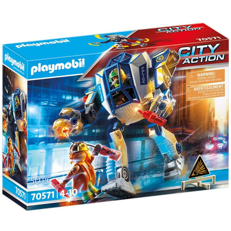 Playmobil Special Operations Police Robot with movable limbs, two figures, accessories for imaginative crime-fighting play.