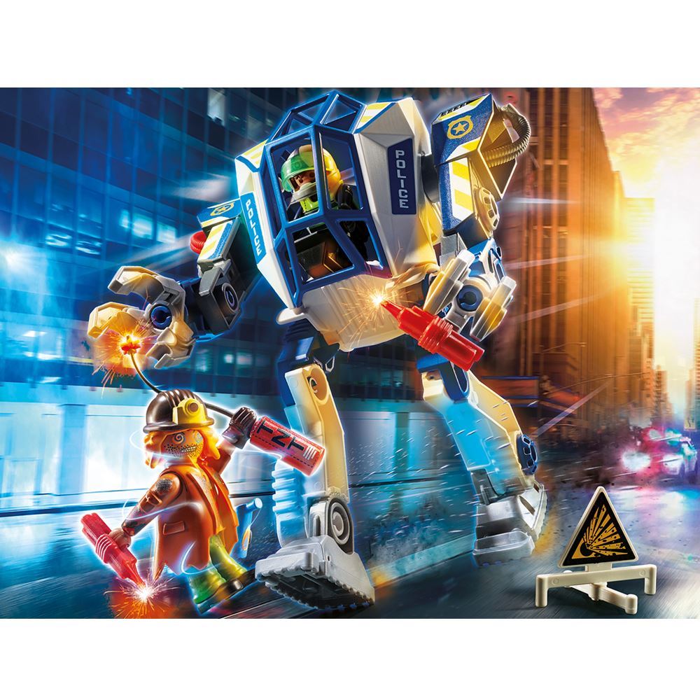 Playmobil Special Operations Police Robot with movable limbs, figures, and accessories for thrilling action-packed play.