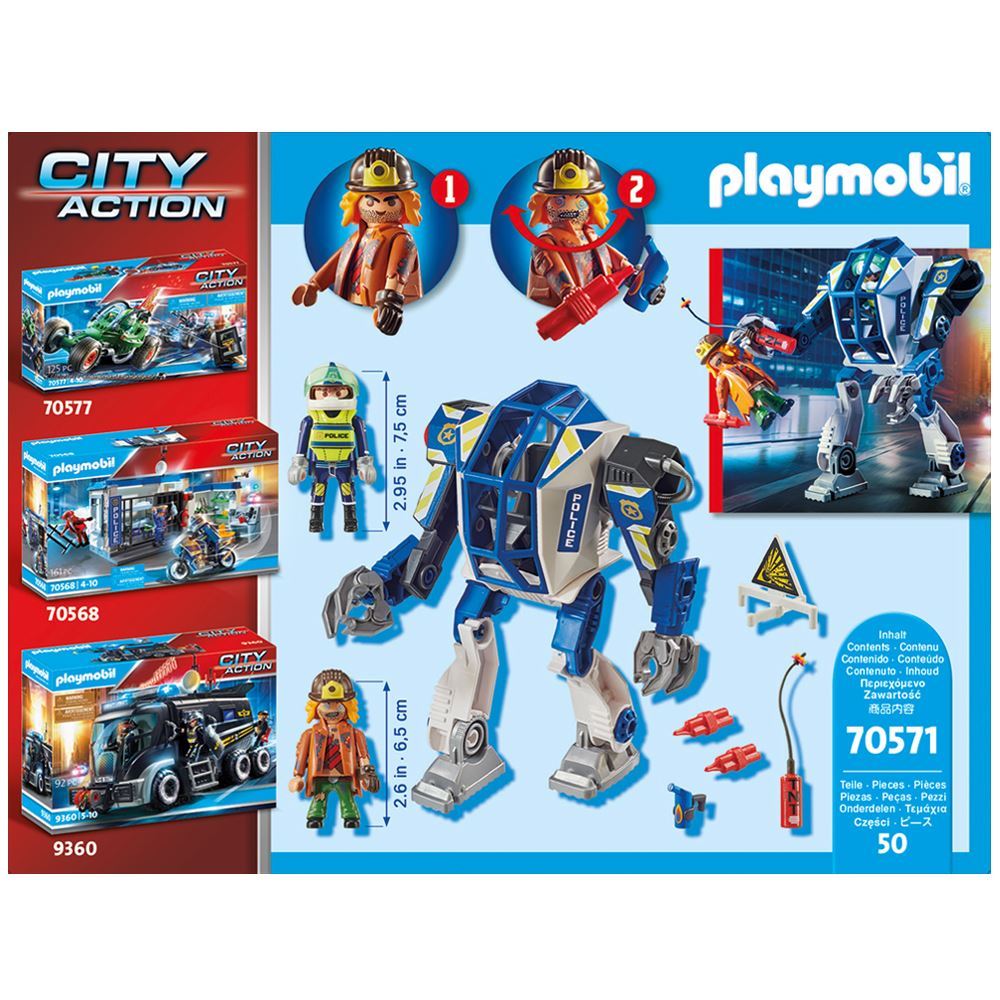 Playmobil Special Operations Police Robot set featuring movable police robot and two figures for adventurous crime-fighting play.