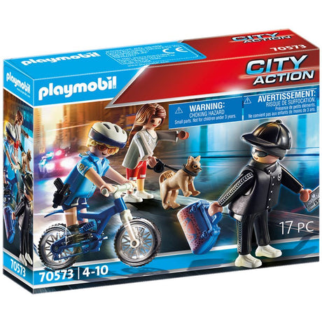 Playmobil Police Bicycle set featuring an officer chasing a thief, accompanied by a dog and handbag accessory.