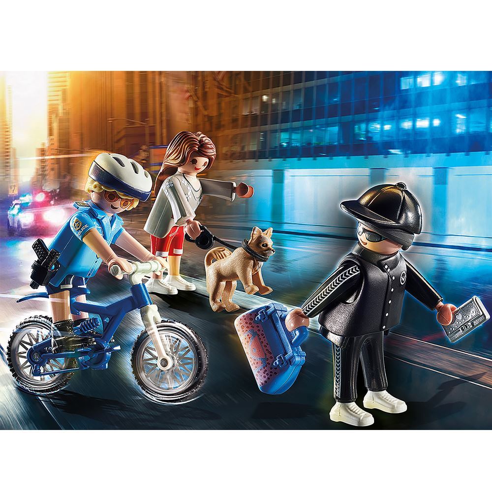Playmobil Police Bicycle set featuring a policeman, thief, dog, and handbag for imaginative law enforcement play.