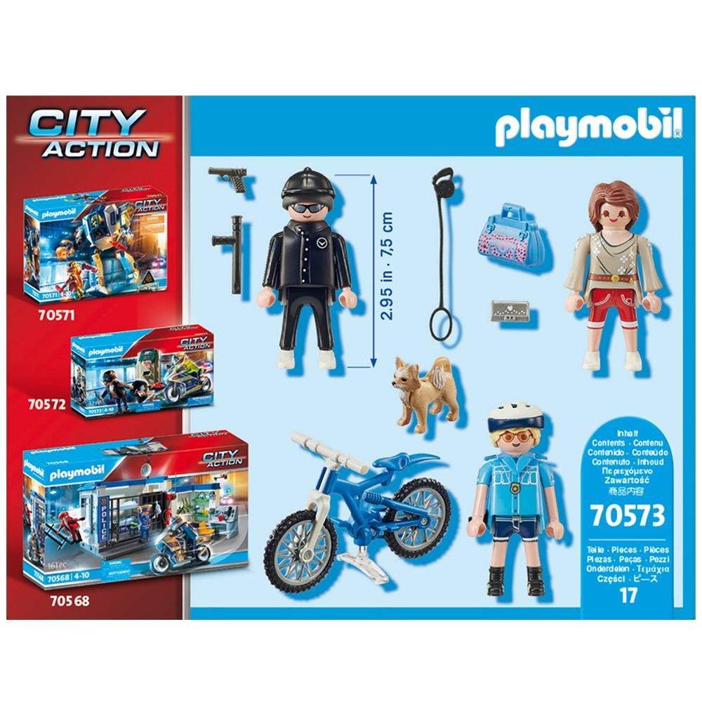 Playmobil Police Bicycle set featuring cop, thief, dog, and handbag for imaginative police chase play.