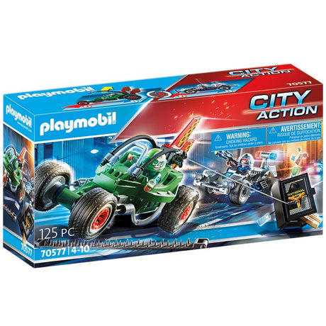 Playmobil Police Go-kart Escape features two pullback karts, a thief, and a cop in an action-packed chase for kids aged 4+.