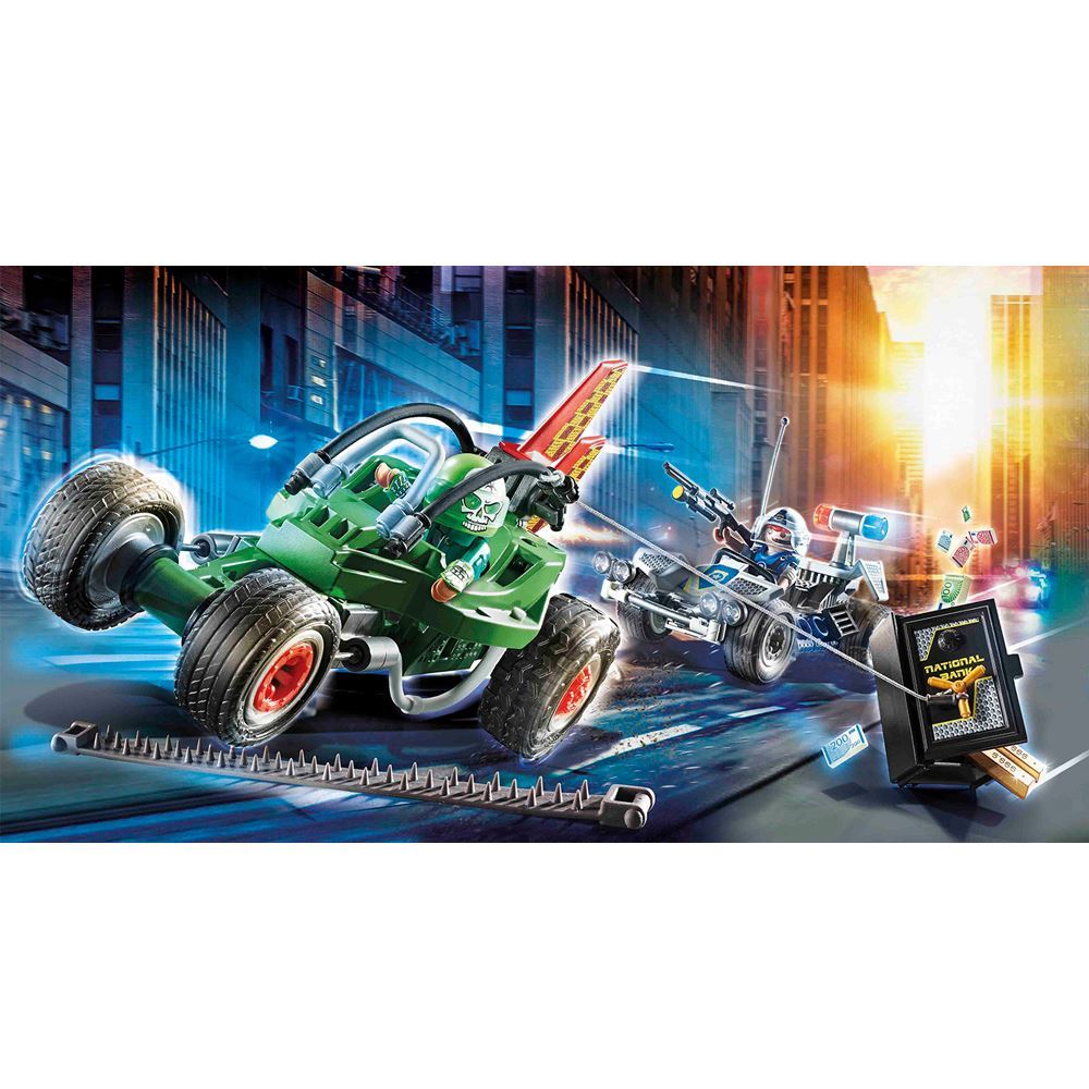 Playmobil Police Go-kart Escape set featuring a police officer, thief, two pullback karts, a safe, and nail tape for drama.