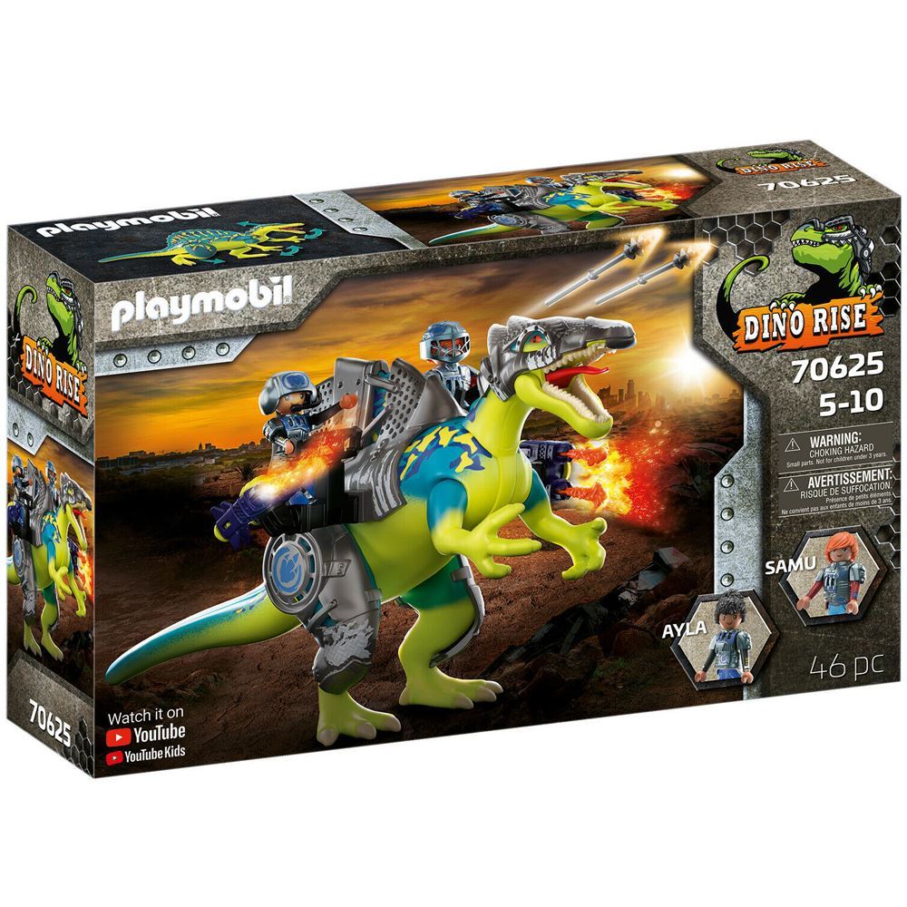 Playmobil Dino Rise set featuring a Spinosaurus with cannons and armor, ready for adventure against robots.