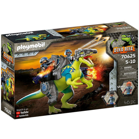 Playmobil Dino Rise set featuring a Spinosaurus with cannons and armor, ready for adventure against robots.