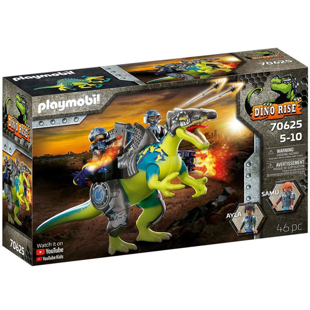 Playmobil Dino Rise set featuring a Spinosaurus with cannons and armor, ready for adventure against robots.