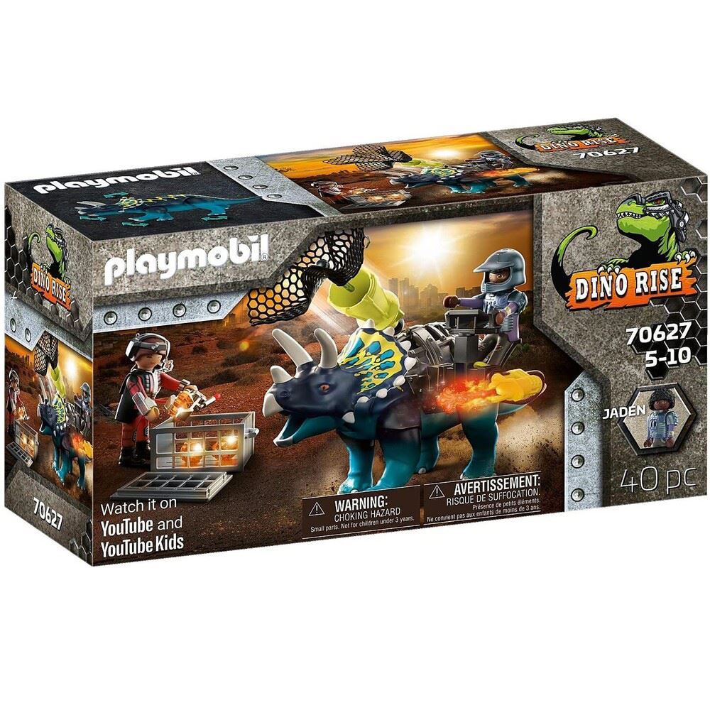 Playmobil Dino Rise playset featuring armored Triceratops, Jaden figure, and mini robots for epic dinosaur battles.