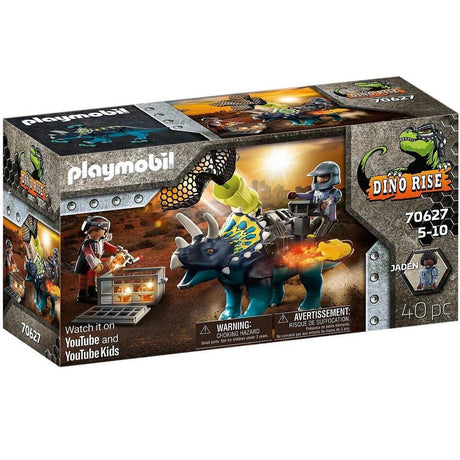 Playmobil Dino Rise playset featuring armored Triceratops, Jaden figure, and mini robots for epic dinosaur battles.