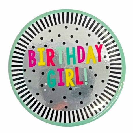 Colorful 6cm birthday badge celebrating a girl’s special day with fun design.