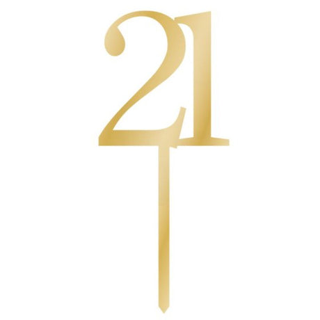Gold acrylic cake topper reading '21' for birthdays and celebrations, measuring 8cm x 15cm, adds elegance to any cake.