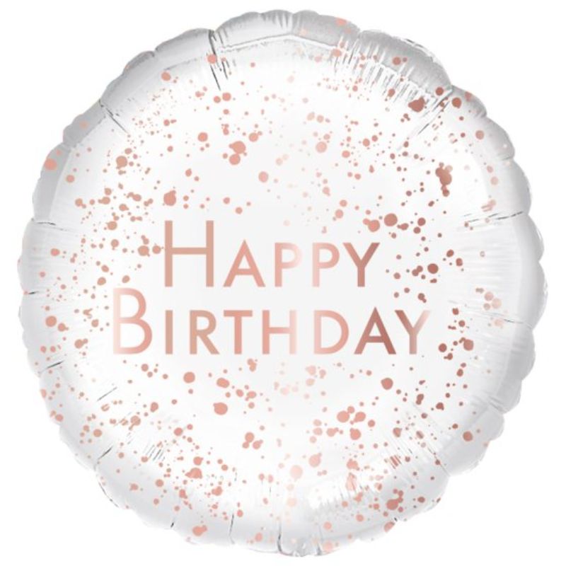 45cm rose gold Happy Birthday foil balloon, perfect for stylish celebrations and party decorations.