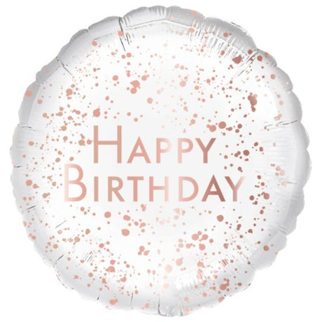 45cm rose gold Happy Birthday foil balloon, perfect for stylish celebrations and party decorations.