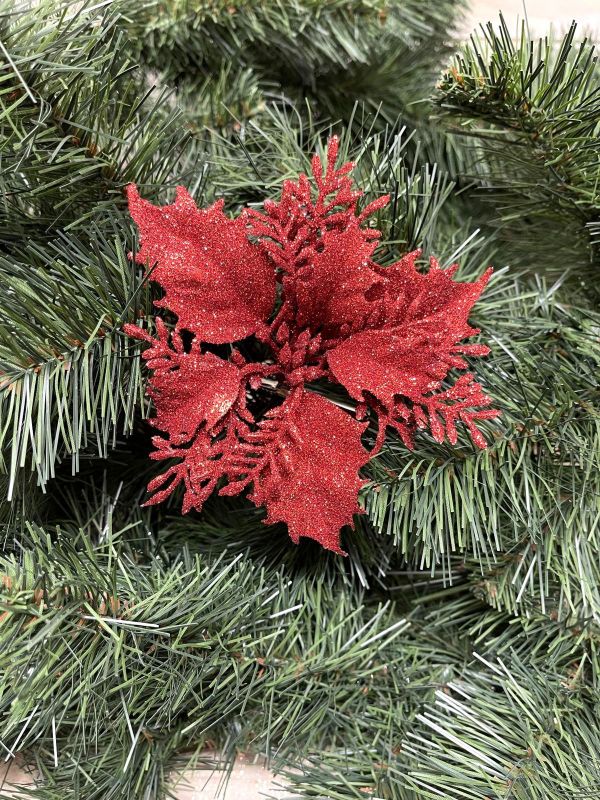 Artificial Poinsettia Pick - Glittered (Red)