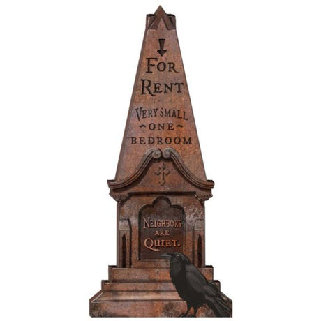 Large styrofoam tombstone decoration, 111cm x 50cm, perfect for Halloween themes; lightweight with included stakes.
