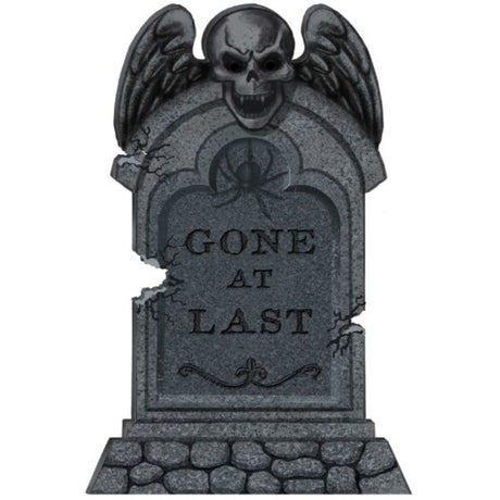 55cm Gone At Last Tombstone Styrofoam Decoration, perfect for spooky Halloween setups with included stakes for easy display.