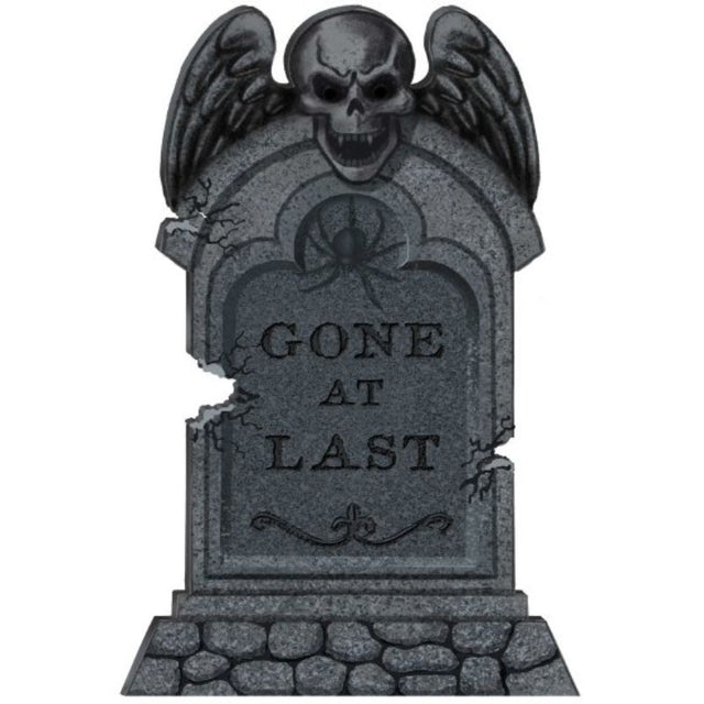 55cm Gone At Last Tombstone Styrofoam Decoration, perfect for spooky Halloween setups with included stakes for easy display.