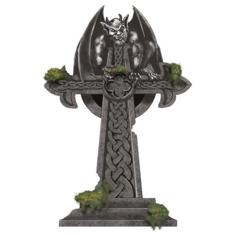 Mossy Cross Tombstone decoration, 55cm styrofoam with realistic moss and stakes for Halloween yard displays.