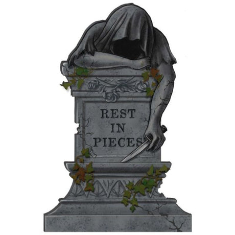 Rest in Pieces Tombstone Styrofoam Decoration, 55cm, features weathered stone design for spooky Halloween decor.