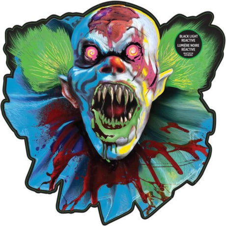 Creepy Carnival Cutout: Black light reactive Halloween decoration for eerie carnival-themed spaces, 39cm x 37cm.