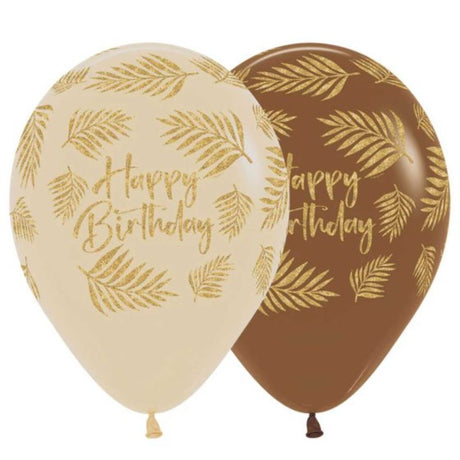Gold Happy Birthday latex balloons in latte color, 30cm, pack of 12 by Sempertex.