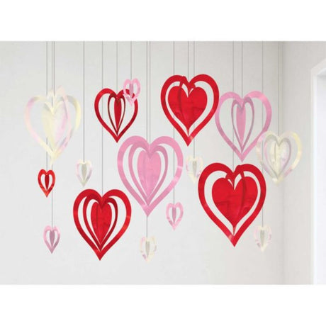 Pack of 16 vibrant heart-shaped 3D hanging decorations in various sizes, perfect for parties and romantic occasions.