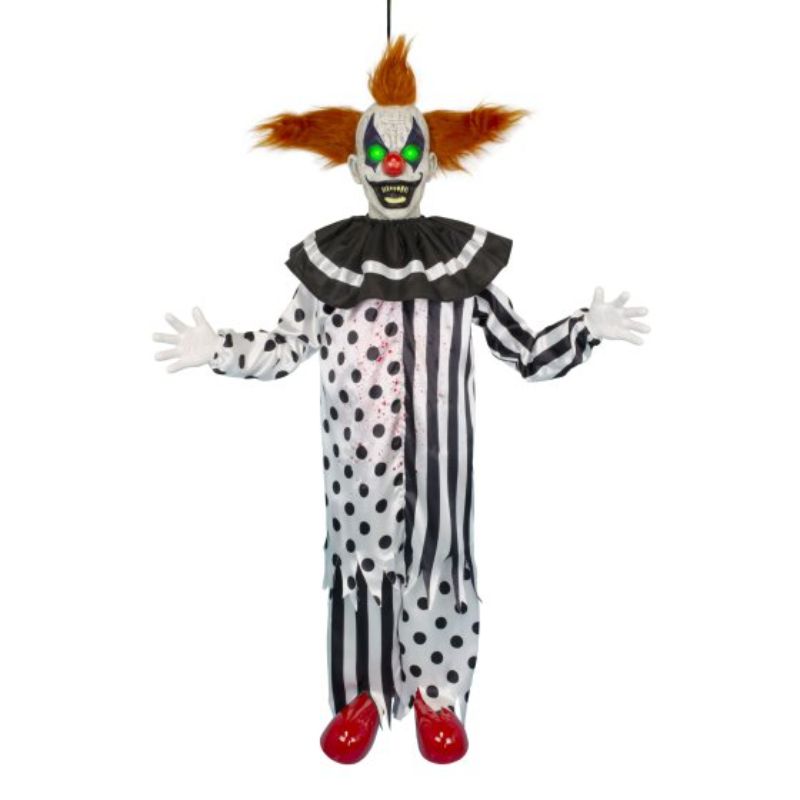 Spooky animatronic clown decoration, 4.4ft tall, shakes and makes sounds, perfect for Halloween celebrations.