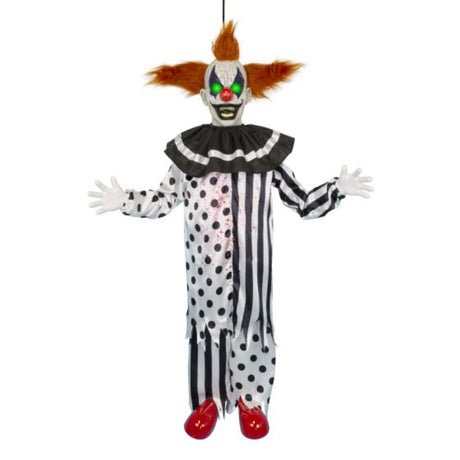Spooky animatronic clown decoration, 4.4ft tall, shakes and makes sounds, perfect for Halloween celebrations.