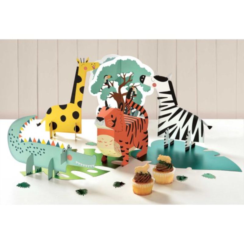Jungle-themed table centerpiece kit with five colorful cardboard decorations in various sizes.